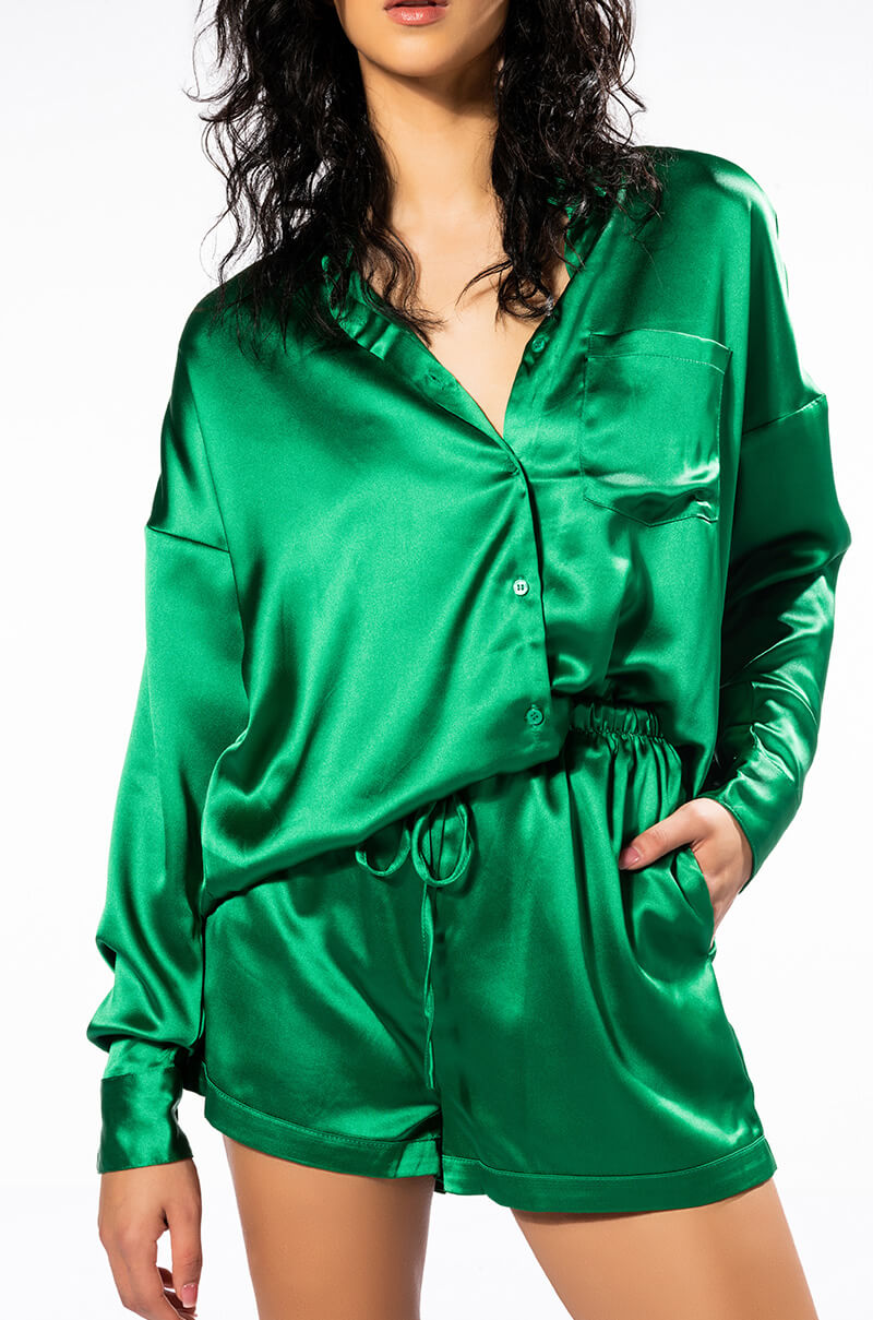 YOU WISH SATIN LONG SLEEVE BUTTON DOWN TOP
