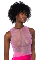 ZELDA RHINESTONE MESH SLEEVELESS TOP IN PINK