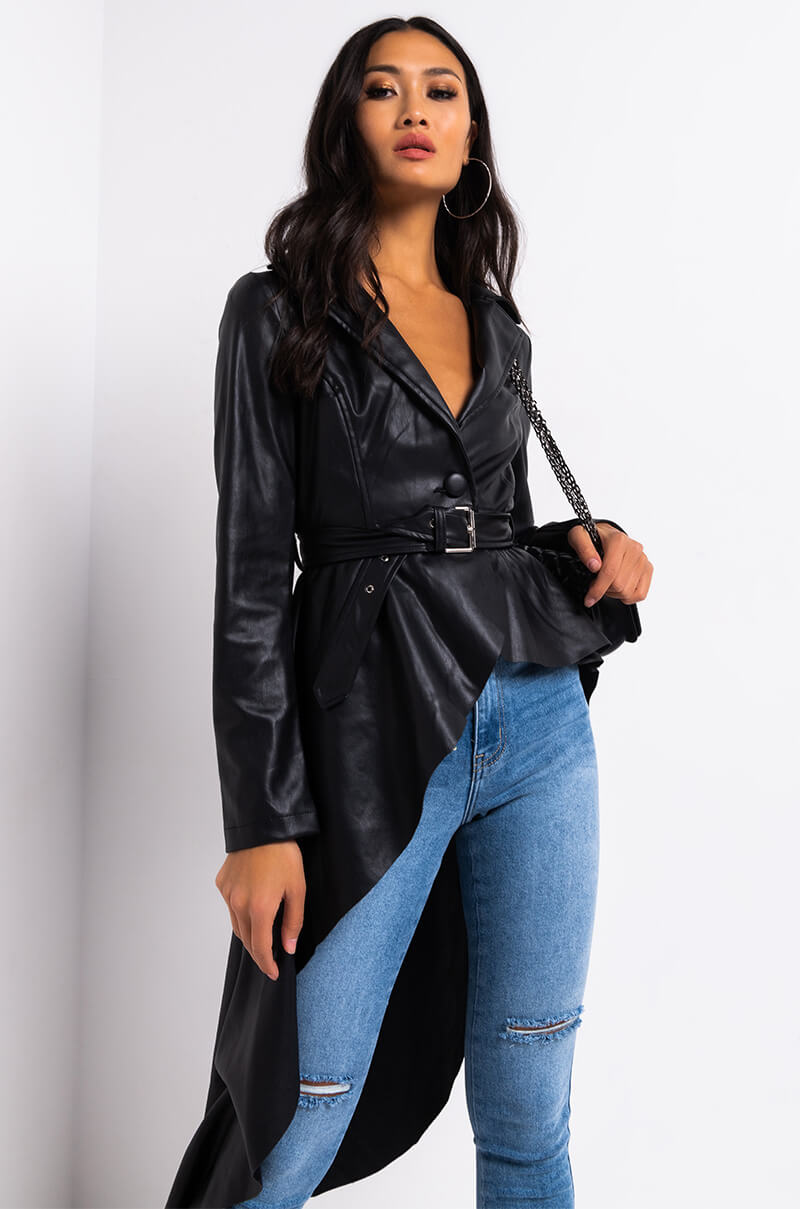 ZENDAYA PLEATHER HI LO TRENCH JACKET